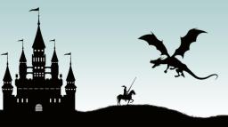 Illustration av sagoslott, riddare och drake.