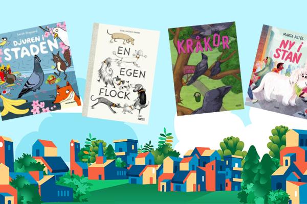 Bild på en illustrerad stad med hus och fyra bilder av böckerna som beskrivs i artikeln ligger uppe i himlen.