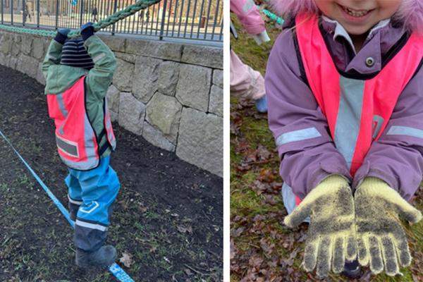 Ett Förskolebarn klättrar fram längst två rep genom att att balansera och hålla i sig med händerna. Ett annat barn visar fram smutsiga fingervantar.