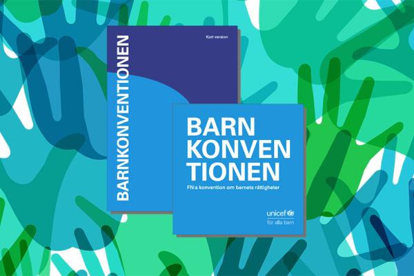 Barnkonventionens omslag mot bakgrund av en illustration av barnhänder.