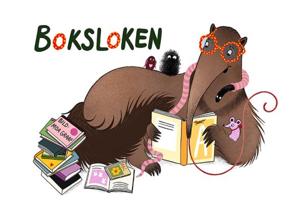 En myrslok omgiven av många böcker.