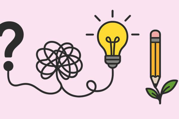Ett frågetecken, en tänd glödlampa och en penna.