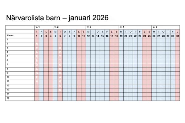 Ett kalenderblad för januari 2026.