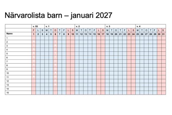 En närvarolista för januari 2027.