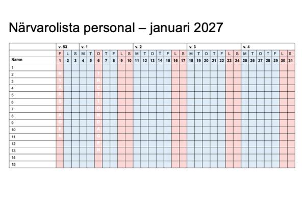 En närvarolista för januari 2027.