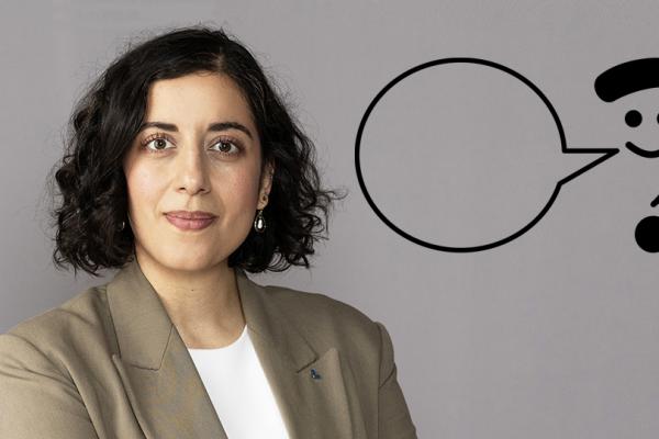 Simona Mohamsson, pratbubbla och frågetecken.