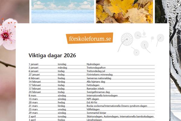 En lista med helg- och temadagar mot bakgrund av foton med årstidsmotiv.