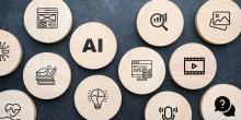 Cirkelformade träbitar med symboler för digitala tjänster.