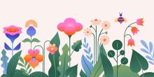 Illustration med blommor och bin.