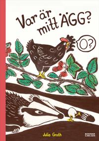 Bokomslag med en höna som letar efter sina ägg.